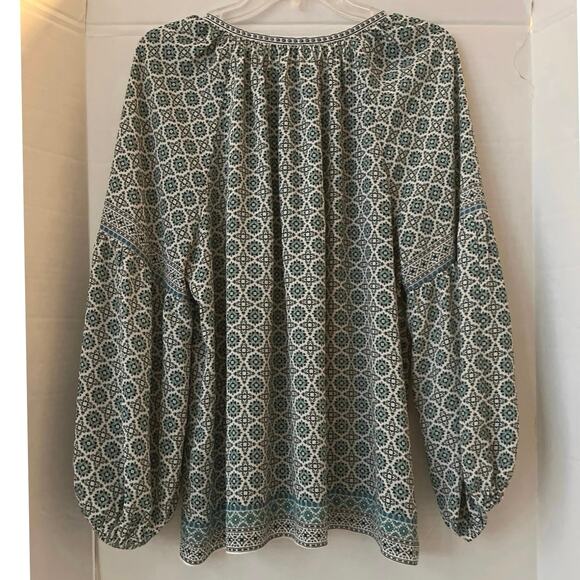 Max Studio Cottagecore Blouse Womens Size 1X Green Blue Keyhole Neck Boho Work - Picture 5 of 16
